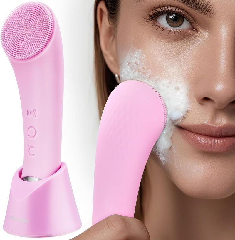 pritech Facial Cleansing Brush, Rechargeable Silicone Face Scrubber with Heat Massage End, Vibrating Exfoliator Scrubber for Deep Cleaning, Waterproof Face Brush for Women and Men (Pink) - Image 1